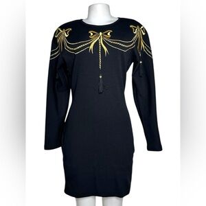 VTG 1980s Black Gold Bow Embroidered Sweater Dress Long Sleeve Tassel Trim S/M